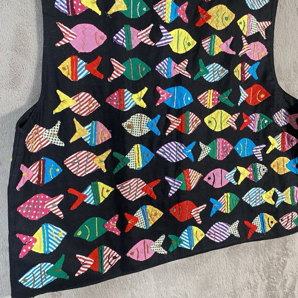 Vintage Artisan Fish Applique Vest M Folk Art to Wear Novelty Patchwork Colorful - Picture 11 of 15